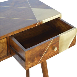 Solid Mango Wood Console Table | Chestnut Finish | Geometric Brass Detail