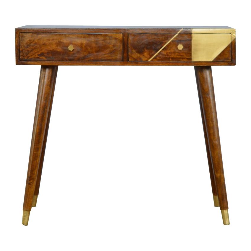Solid Mango Wood Console Table | Chestnut Finish | Geometric Brass Detail