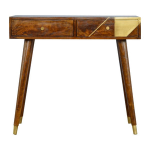 Solid Mango Wood Console Table | Chestnut Finish | Geometric Brass Detail