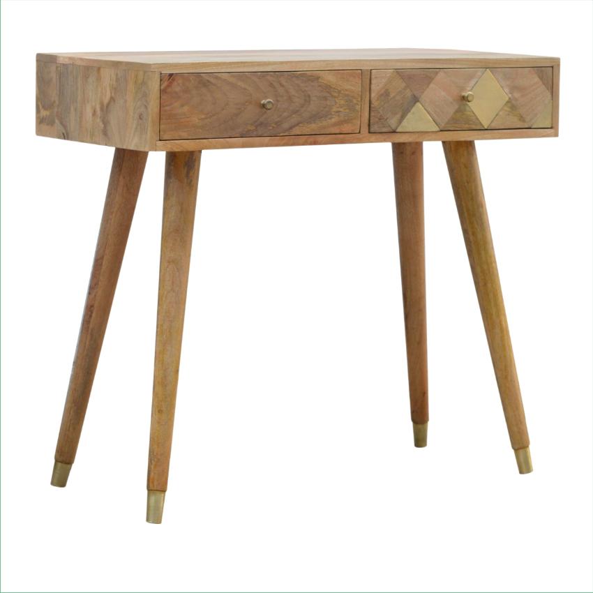 Solid Mango Wood Console Table | Geometric Brass Inlay | Oak-Inspired Finish