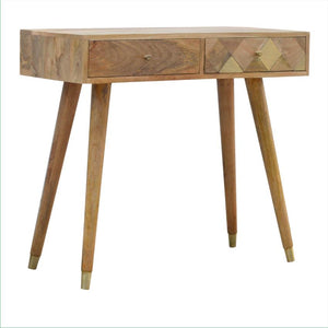 Solid Mango Wood Console Table | Geometric Brass Inlay | Oak-Inspired Finish