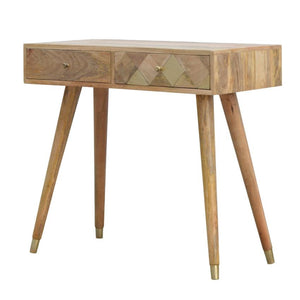 Solid Mango Wood Console Table | Geometric Brass Inlay | Oak-Inspired Finish