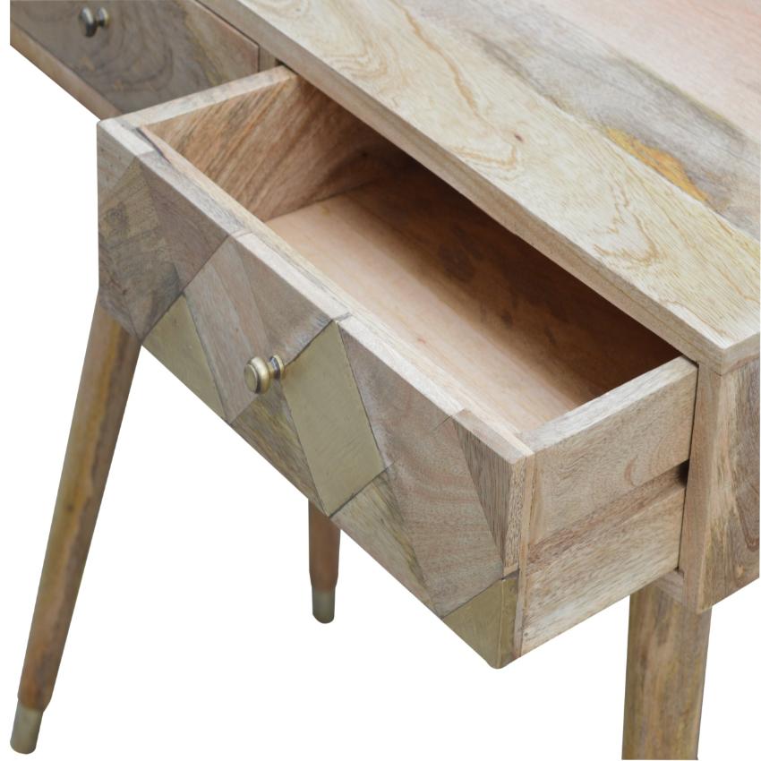 Solid Mango Wood Console Table | Geometric Brass Inlay | Oak-Inspired Finish