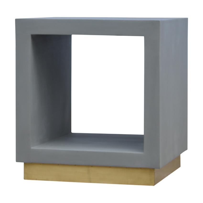 Solid Mango Wood Cube Bedside Table | Open Shelf | Cement-Style Finish & Gold Base