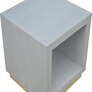 Solid Mango Wood Cube Bedside Table | Open Shelf | Cement-Style Finish & Gold Base