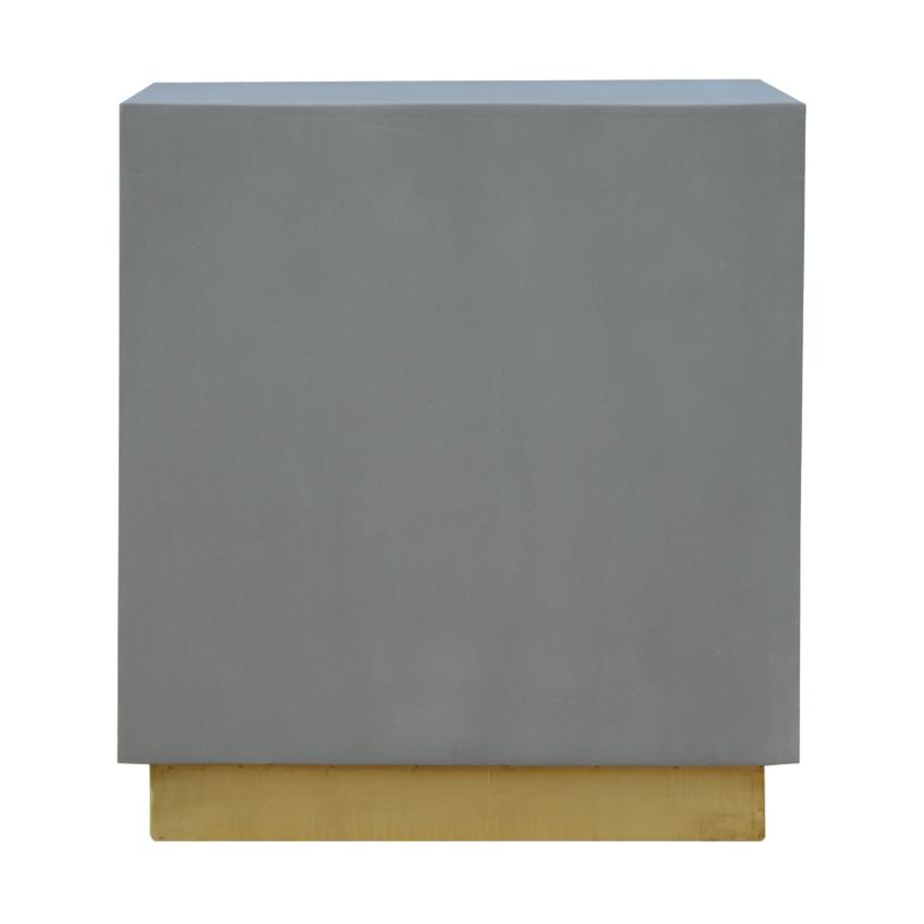 Solid Mango Wood Cube Bedside Table | Open Shelf | Cement-Style Finish & Gold Base