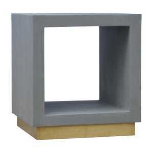 Solid Mango Wood Cube Bedside Table | Open Shelf | Cement-Style Finish & Gold Base