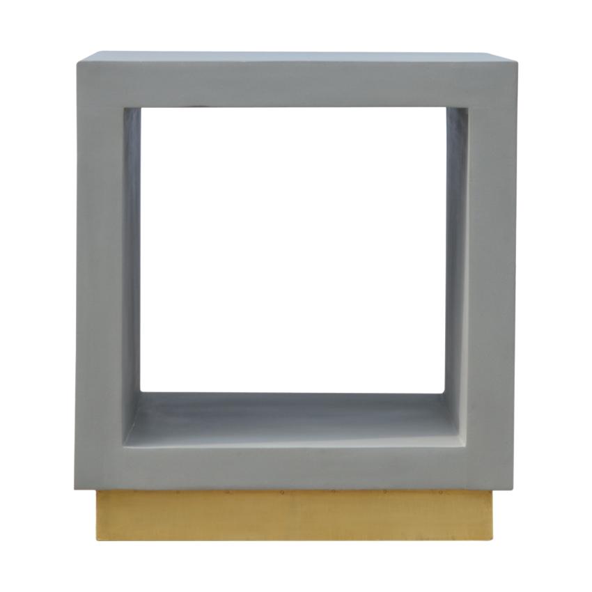 Solid Mango Wood Cube Bedside Table | Open Shelf | Cement-Style Finish & Gold Base