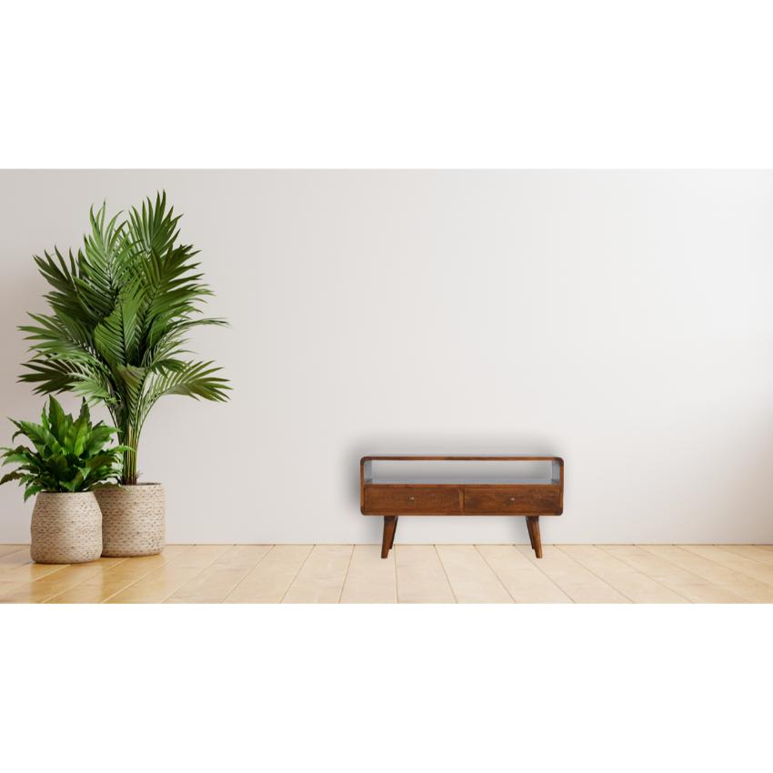 Curved Mango Wood Media Unit | Chestnut Finish | 90cm