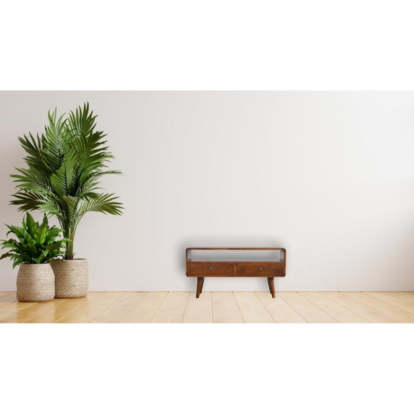 Curved Mango Wood Media Unit | Chestnut Finish | 90cm