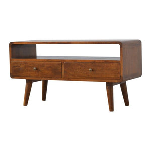 Curved Mango Wood Media Unit | Chestnut Finish | 90cm