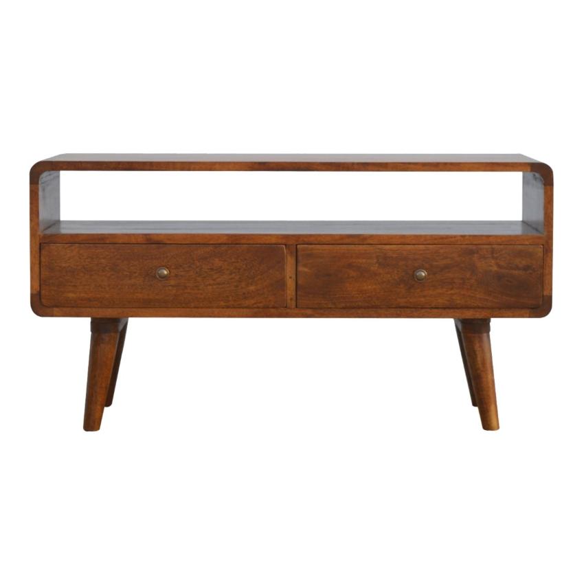 Curved Mango Wood Media Unit | Chestnut Finish | 90cm
