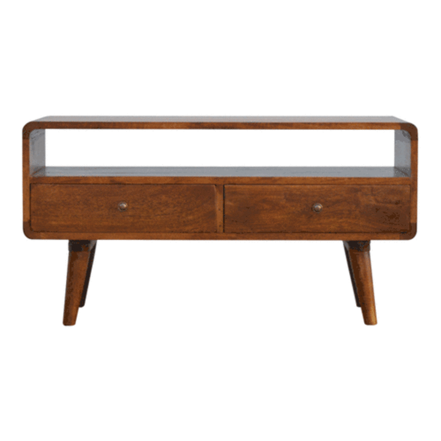 Curved Mango Wood Media Unit | Chestnut Finish | 90cm