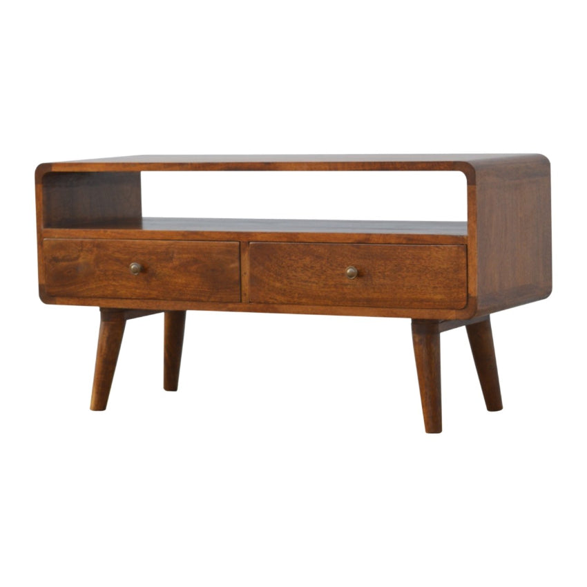 Curved Mango Wood Media Unit | Chestnut Finish | 90cm