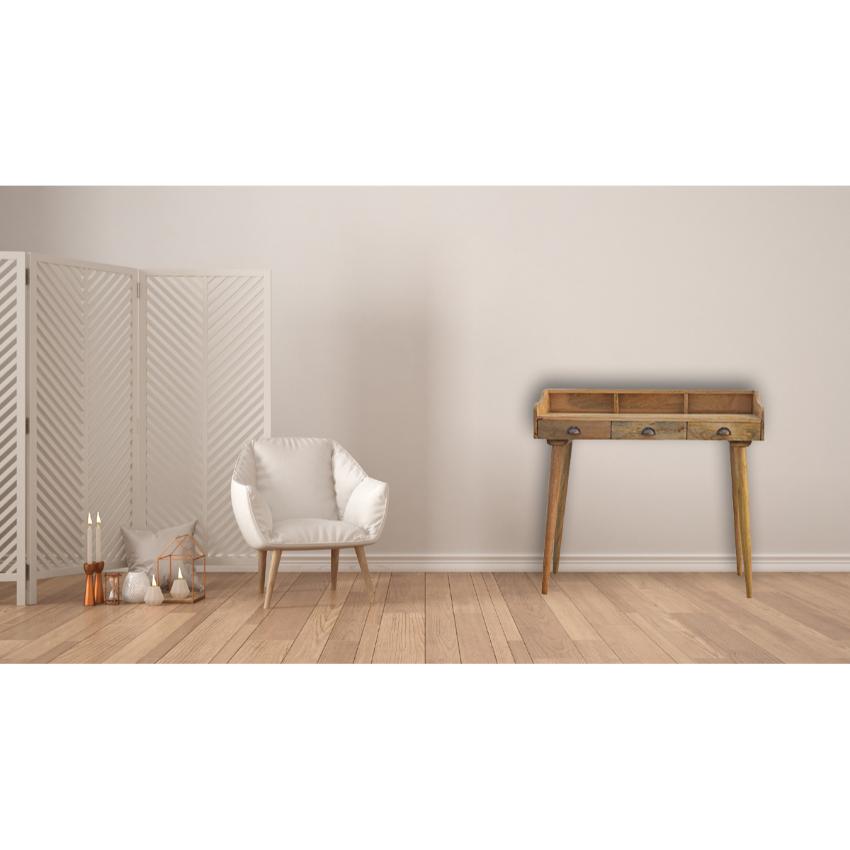Solid Mango Wood Gallery Desk | 3 Drawers | Shell Handles