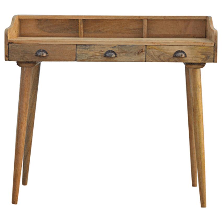 Solid Mango Wood Gallery Desk | 3 Drawers | Shell Handles