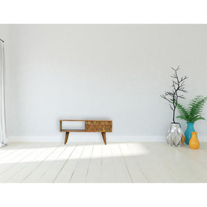 Solid Mango Wood Media Unit | Oak-Inspired Finish | Pineapple-Carved Sliding Door
