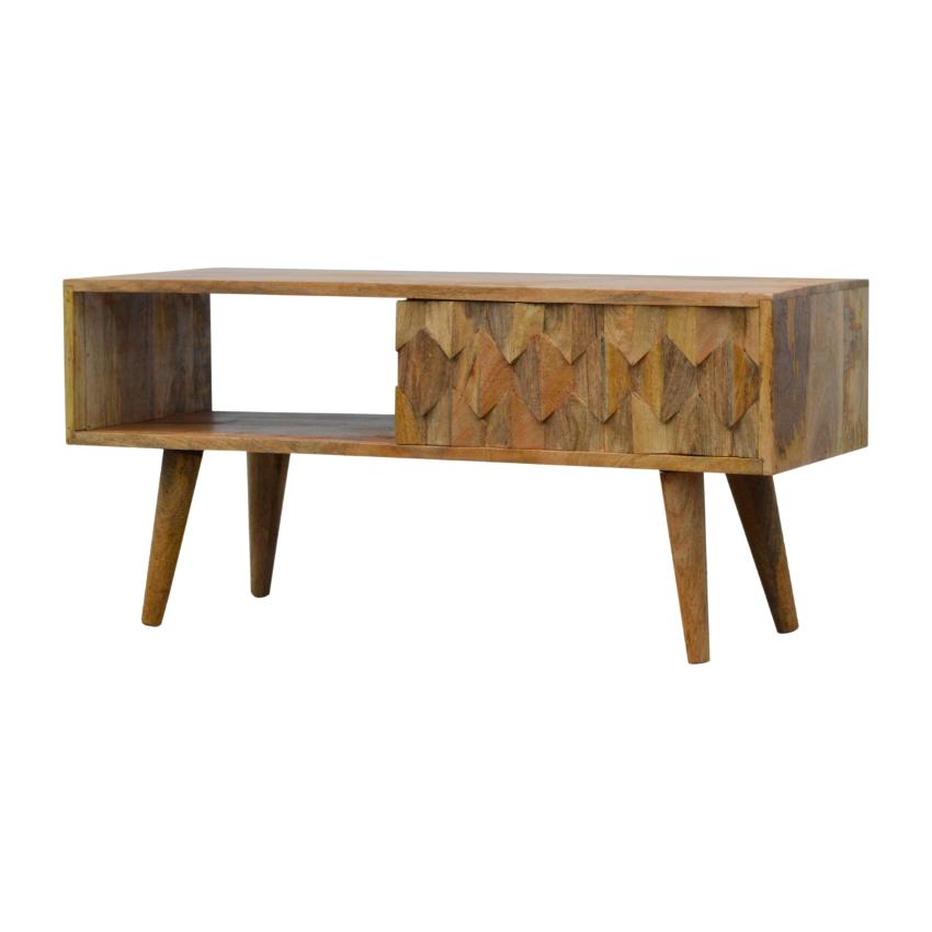 Solid Mango Wood Media Unit | Oak-Inspired Finish | Pineapple-Carved Sliding Door
