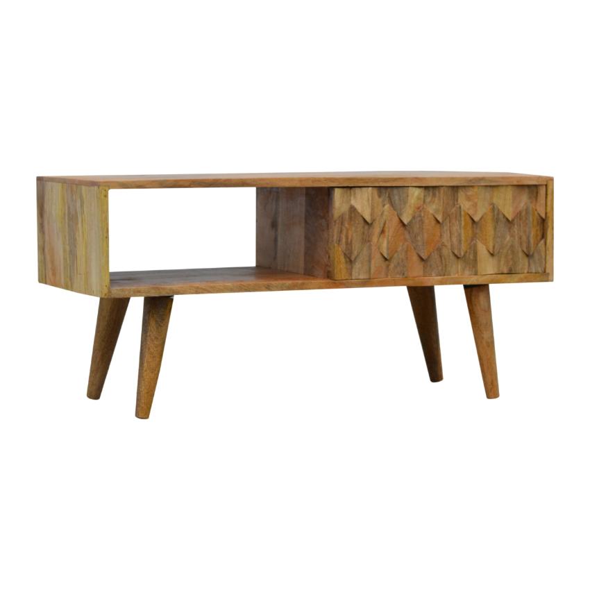 Solid Mango Wood Media Unit | Oak-Inspired Finish | Pineapple-Carved Sliding Door