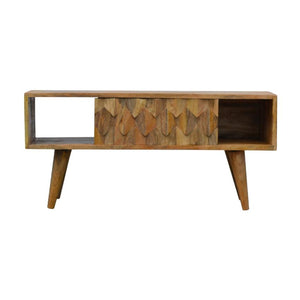Solid Mango Wood Media Unit | Oak-Inspired Finish | Pineapple-Carved Sliding Door