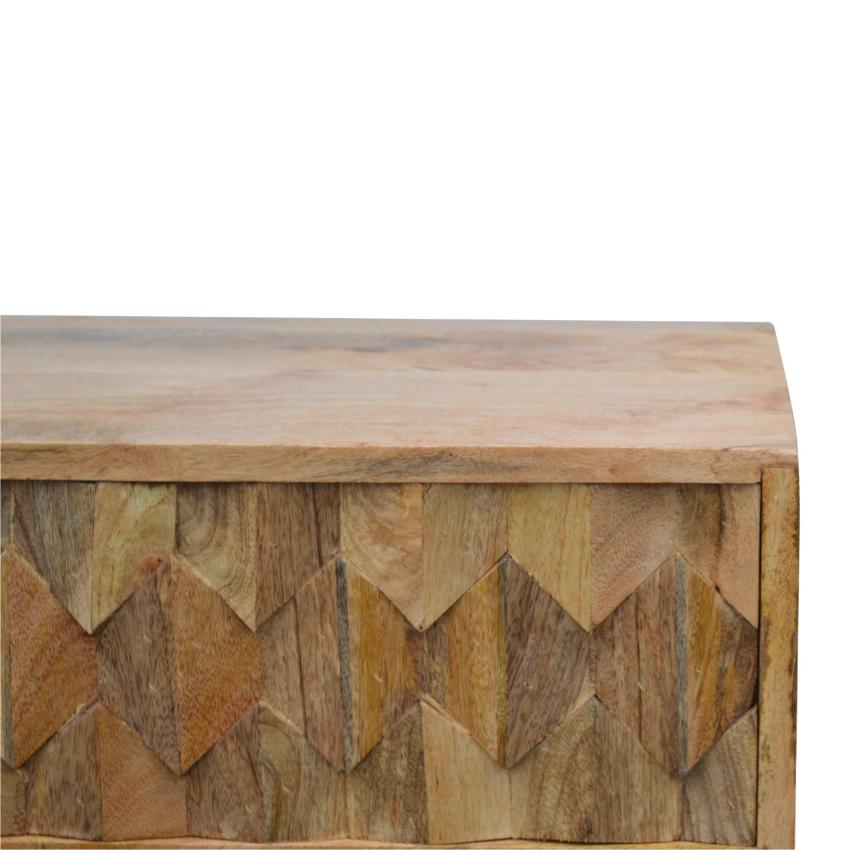 Solid Mango Wood Media Unit | Oak-Inspired Finish | Pineapple-Carved Sliding Door