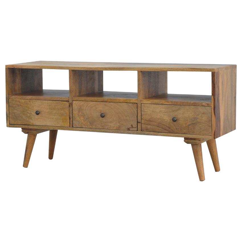 Solid Mango Wood TV Unit | 3 Drawers | Triple Open Shelves