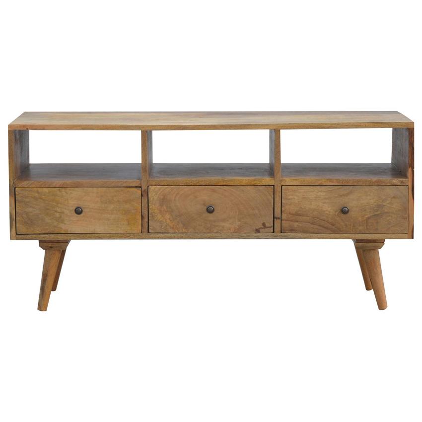 Solid Mango Wood TV Unit | 3 Drawers | Triple Open Shelves