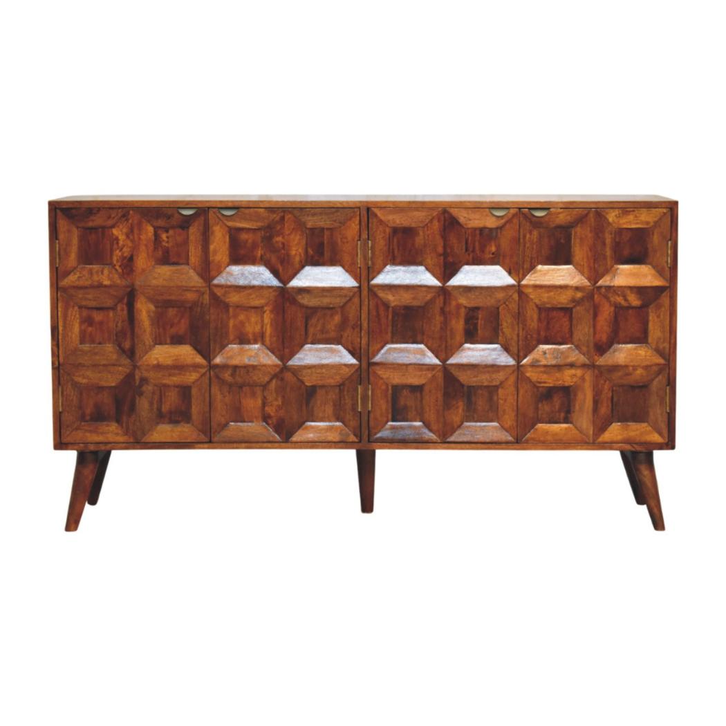 Solis Carved Sideboard | Solid Mango Wood | Chestnut Finish | 4 Doors