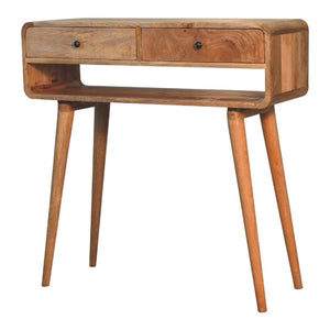 Sonata Curved Console Table | Solid Mango Wood | Oak-Ish Finish | 2 Drawers & Open Shelf