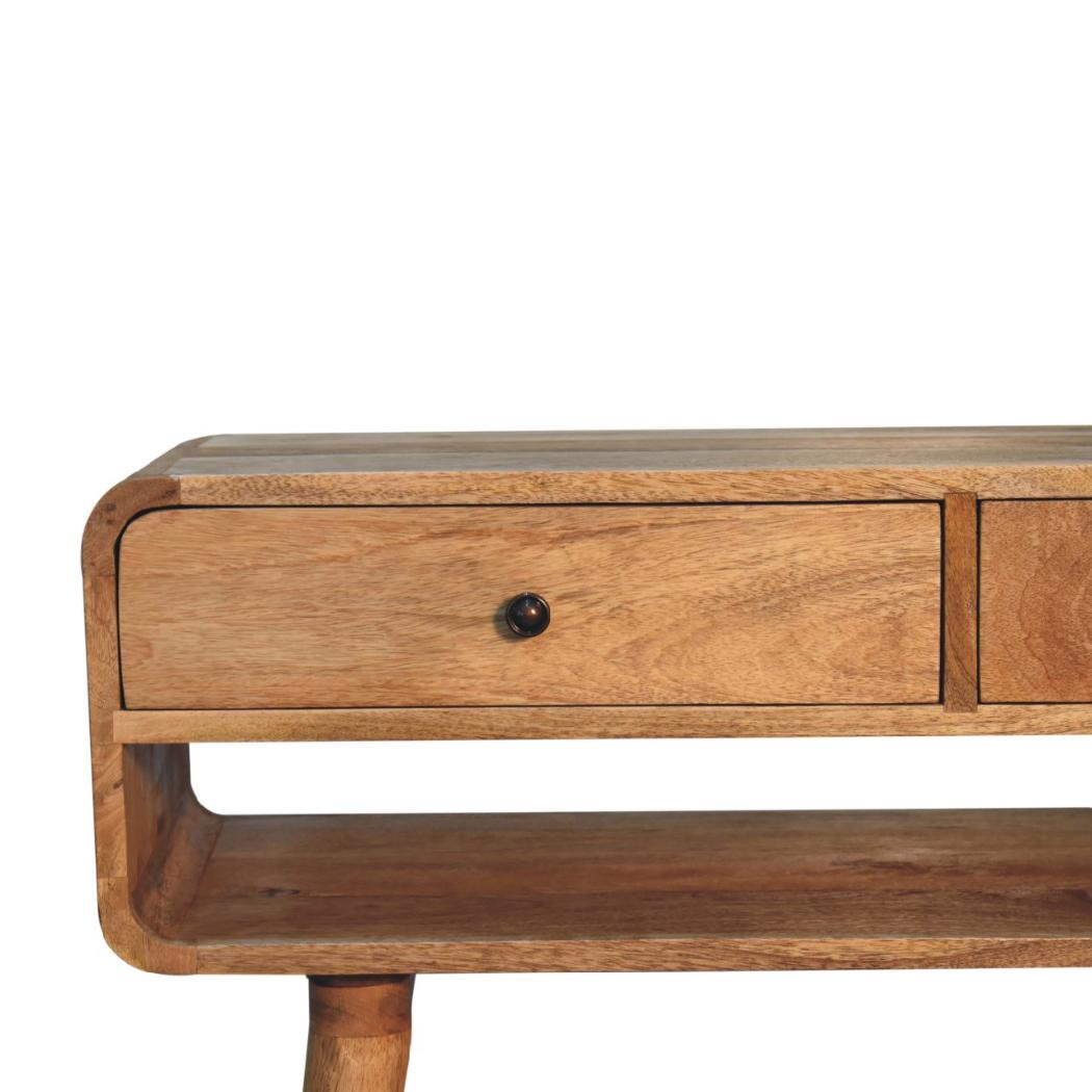 Sonata Curved Console Table | Solid Mango Wood | Oak-Ish Finish | 2 Drawers & Open Shelf