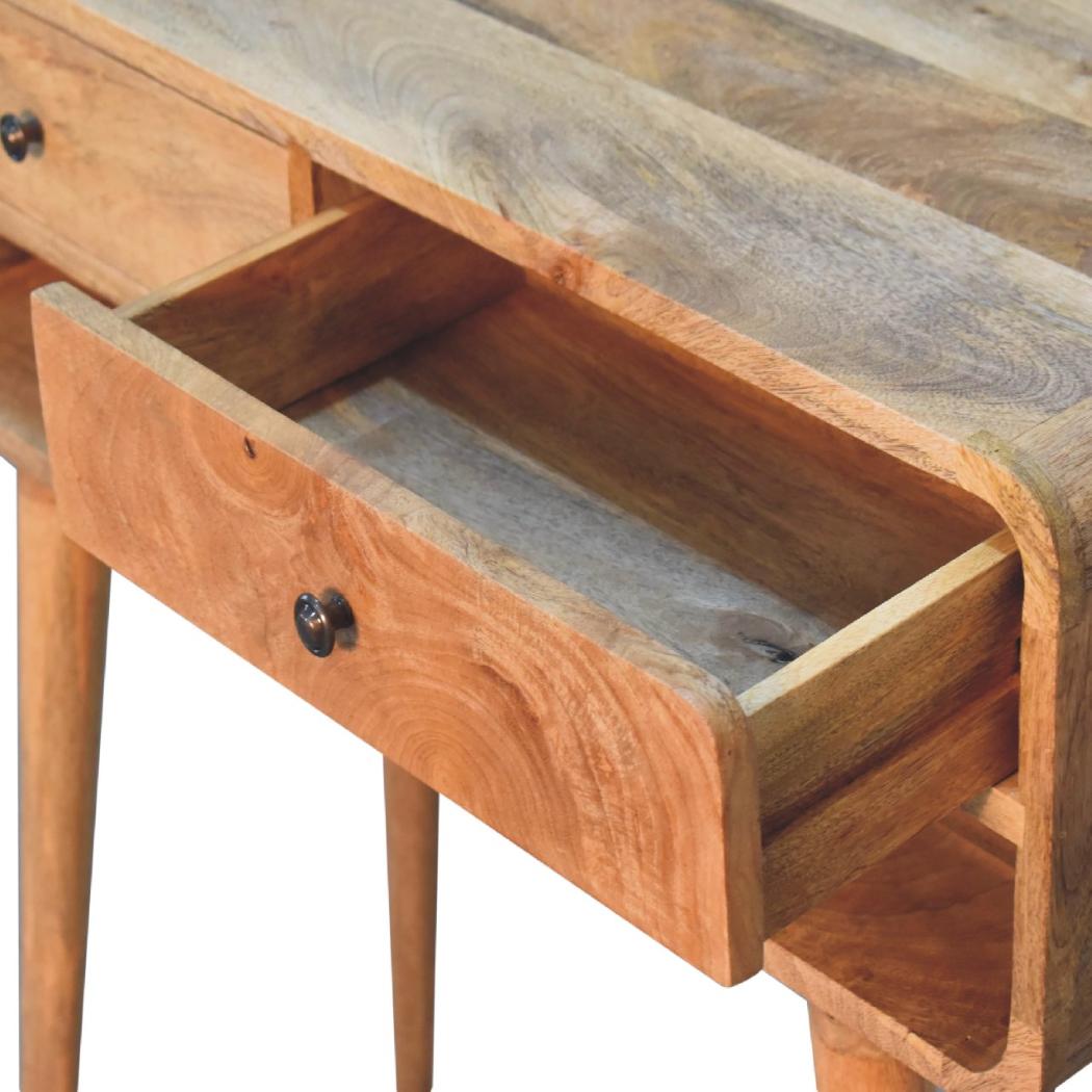 Sonata Curved Console Table | Solid Mango Wood | Oak-Ish Finish | 2 Drawers & Open Shelf