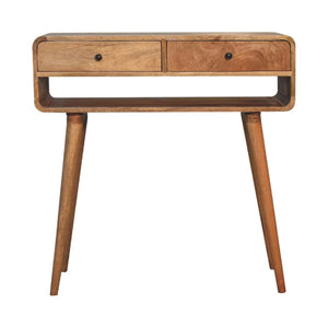 Sonata Curved Console Table | Solid Mango Wood | Oak-Ish Finish | 2 Drawers & Open Shelf
