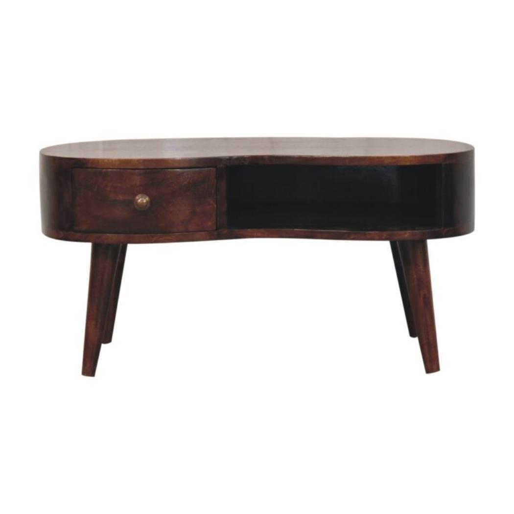 Sorrento Wave Coffee Table | Solid Mango Wood | California Walnut Finish | 1 Drawer with Open Shelf