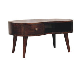 Sorrento Wave Coffee Table | Solid Mango Wood | California Walnut Finish | 1 Drawer with Open Shelf