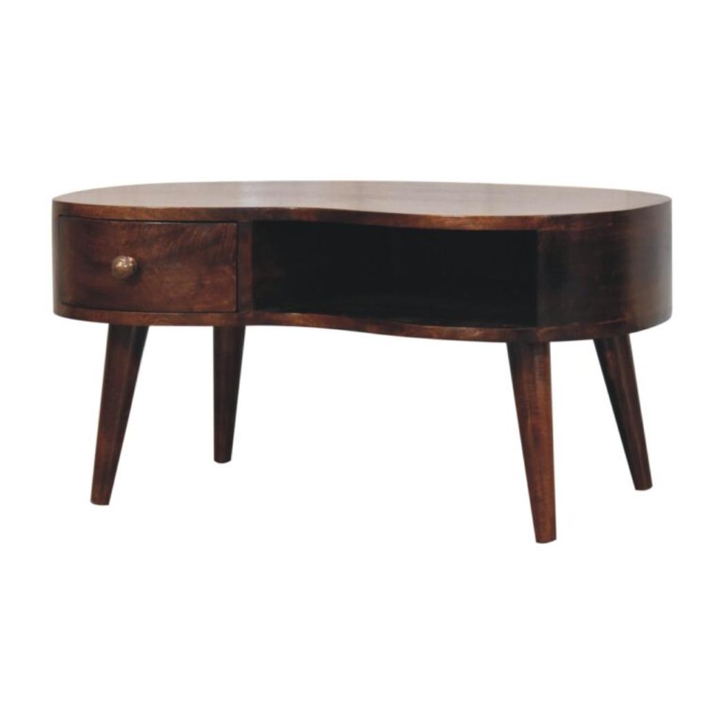 Sorrento Wave Coffee Table | Solid Mango Wood | California Walnut Finish | 1 Drawer with Open Shelf