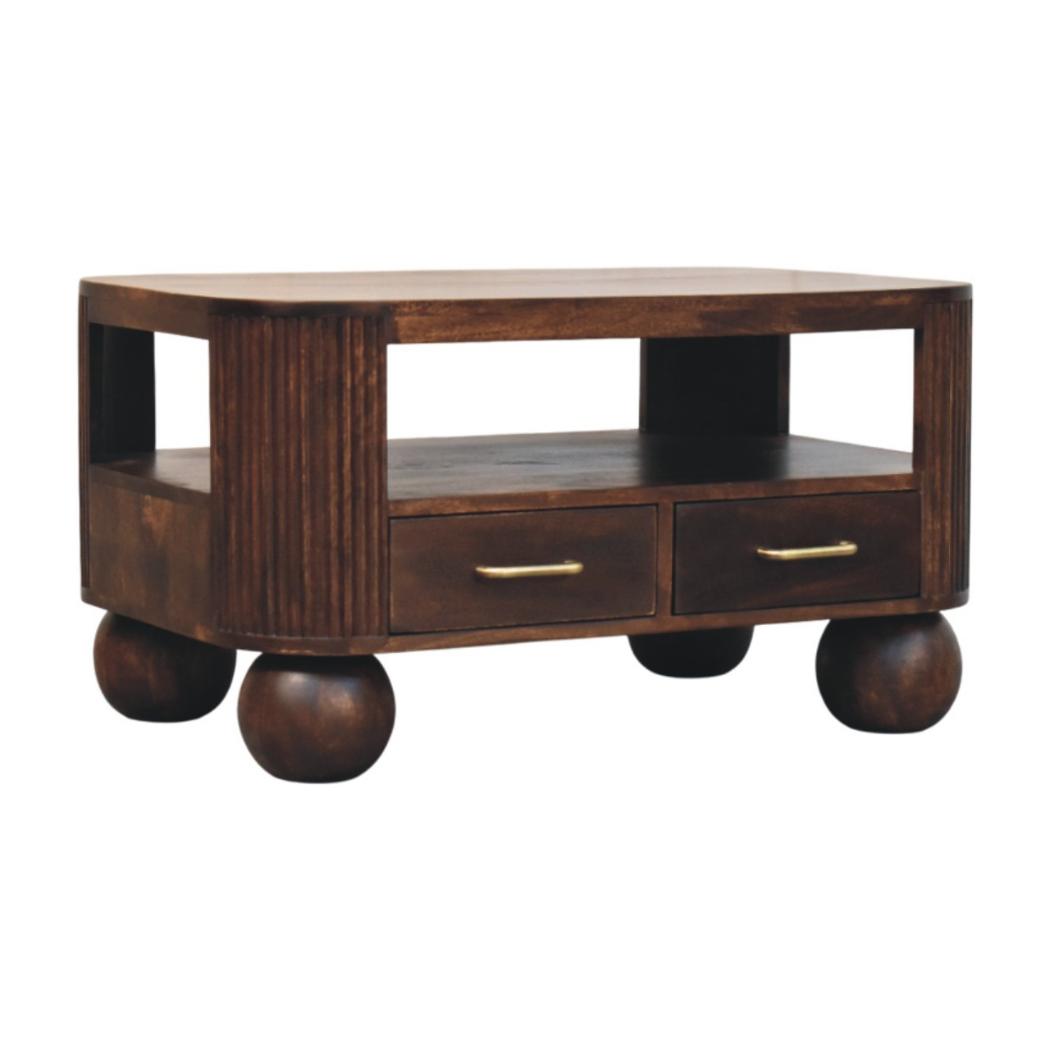 Sphere Leg Coffee Table | Solid Mango Wood | California Walnut Finish | 2 Drawer Coffee Table with Open Shelf