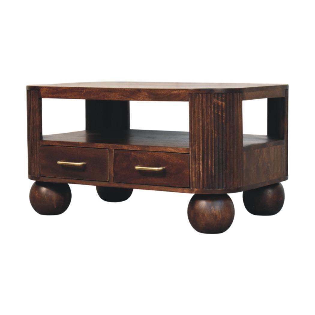 Sphere Leg Coffee Table | Solid Mango Wood | California Walnut Finish | 2 Drawer Coffee Table with Open Shelf
