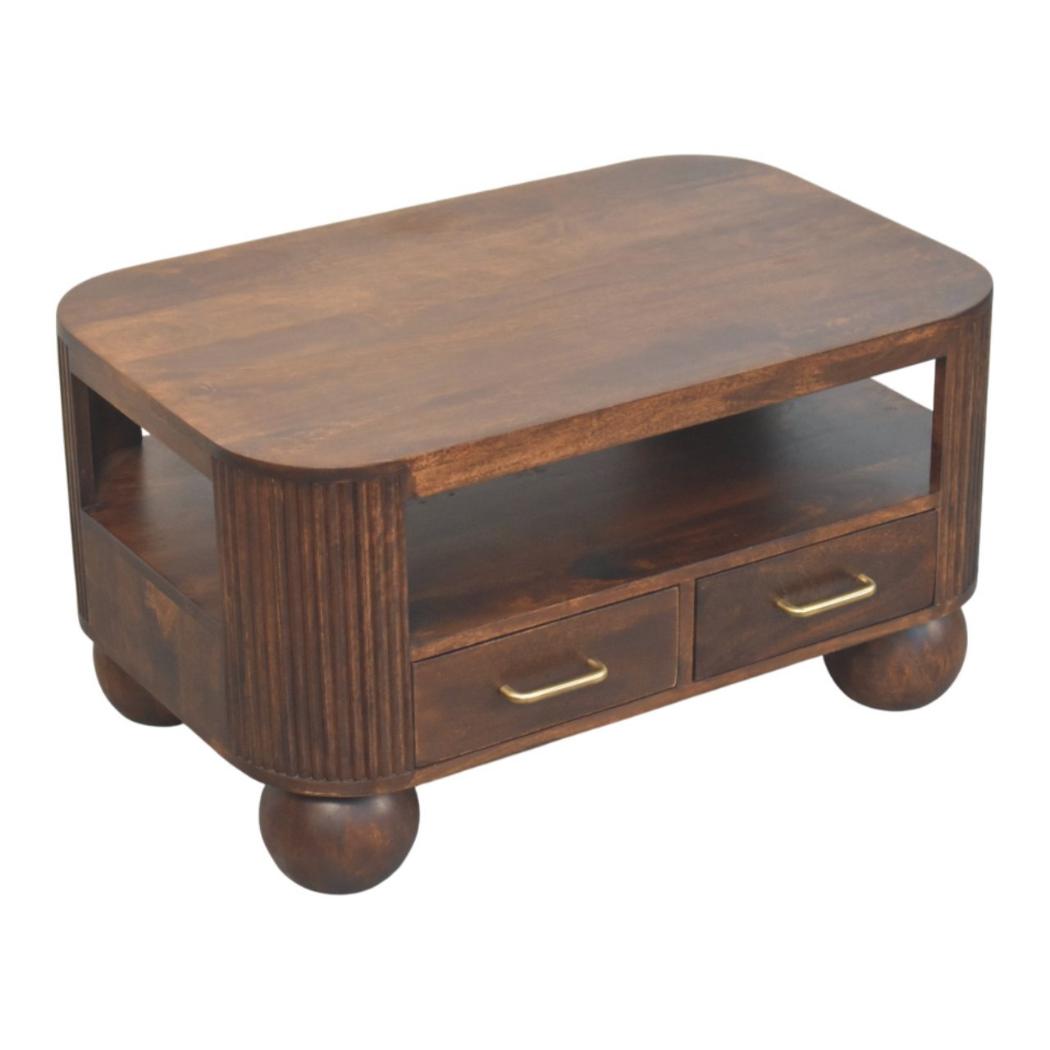 Sphere Leg Coffee Table | Solid Mango Wood | California Walnut Finish | 2 Drawer Coffee Table with Open Shelf