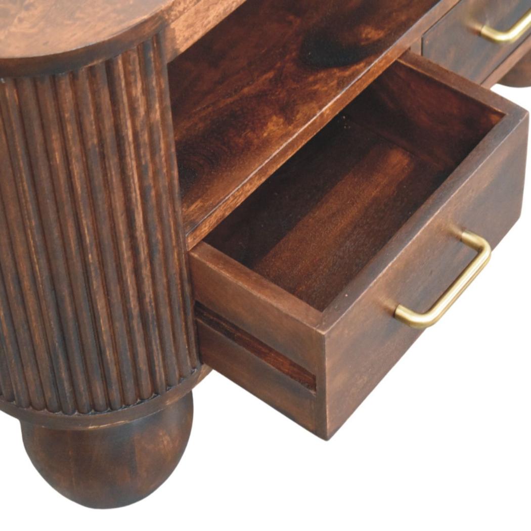 Sphere Leg Coffee Table | Solid Mango Wood | California Walnut Finish | 2 Drawer Coffee Table with Open Shelf