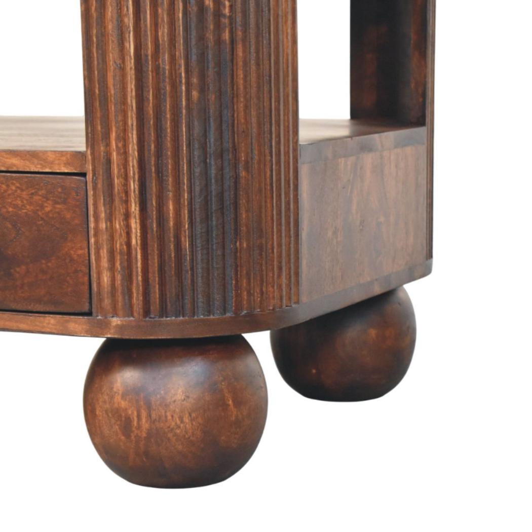Sphere Leg Coffee Table | Solid Mango Wood | California Walnut Finish | 2 Drawer Coffee Table with Open Shelf