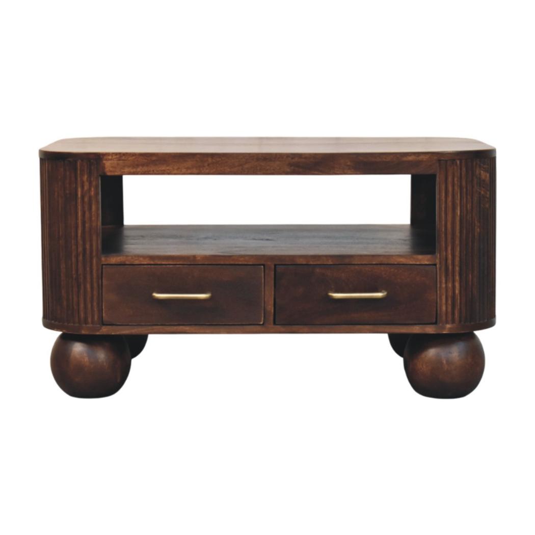 Sphere Leg Coffee Table | Solid Mango Wood | California Walnut Finish | 2 Drawer Coffee Table with Open Shelf
