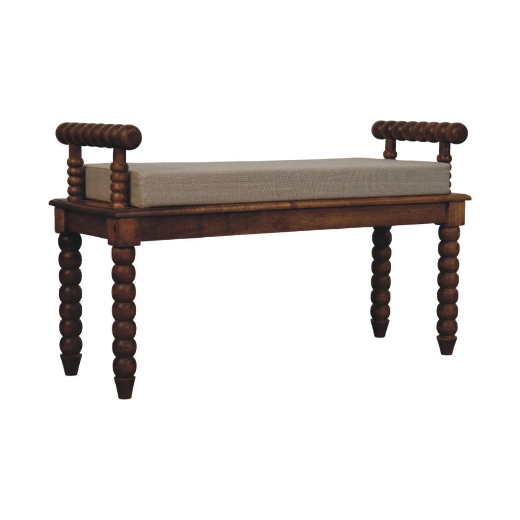 Spindle Amber Linen Bench | Solid Mango Wood | Amber Finish | Upholstered Hallway Seat