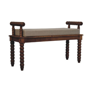 Spindle Amber Linen Bench | Solid Mango Wood | Amber Finish | Upholstered Hallway Seat