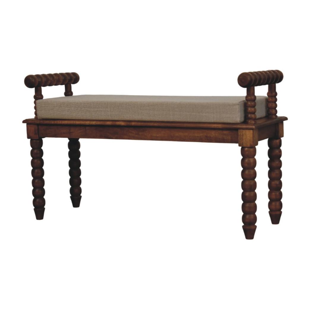 Spindle Amber Linen Bench | Solid Mango Wood | Amber Finish | Upholstered Hallway Seat