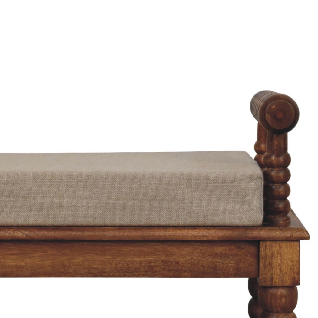 Spindle Amber Linen Bench | Solid Mango Wood | Amber Finish | Upholstered Hallway Seat