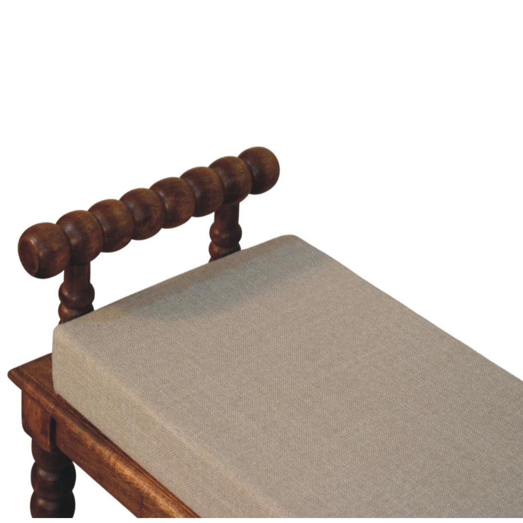 Spindle Amber Linen Bench | Solid Mango Wood | Amber Finish | Upholstered Hallway Seat