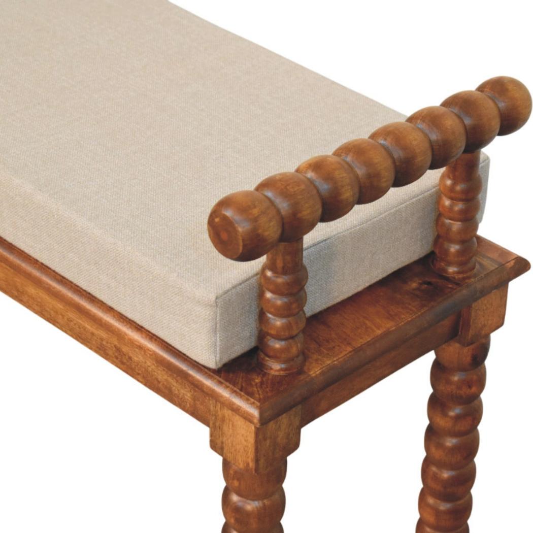Spindle Amber Linen Bench | Solid Mango Wood | Amber Finish | Upholstered Hallway Seat