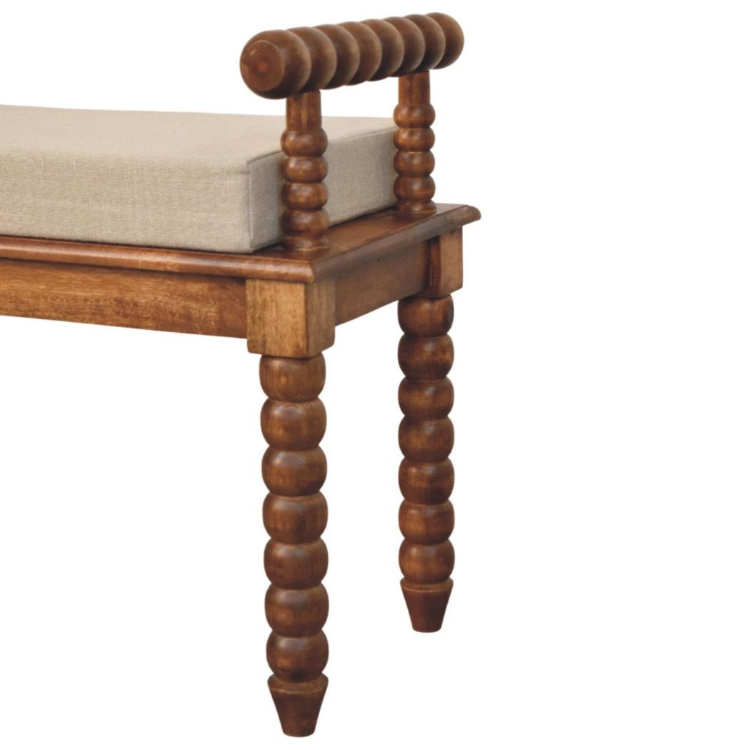 Spindle Amber Linen Bench | Solid Mango Wood | Amber Finish | Upholstered Hallway Seat