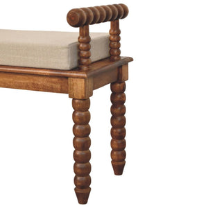 Spindle Amber Linen Bench | Solid Mango Wood | Amber Finish | Upholstered Hallway Seat