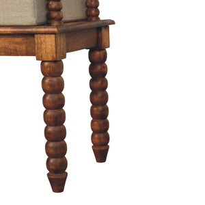 Spindle Amber Linen Bench | Solid Mango Wood | Amber Finish | Upholstered Hallway Seat